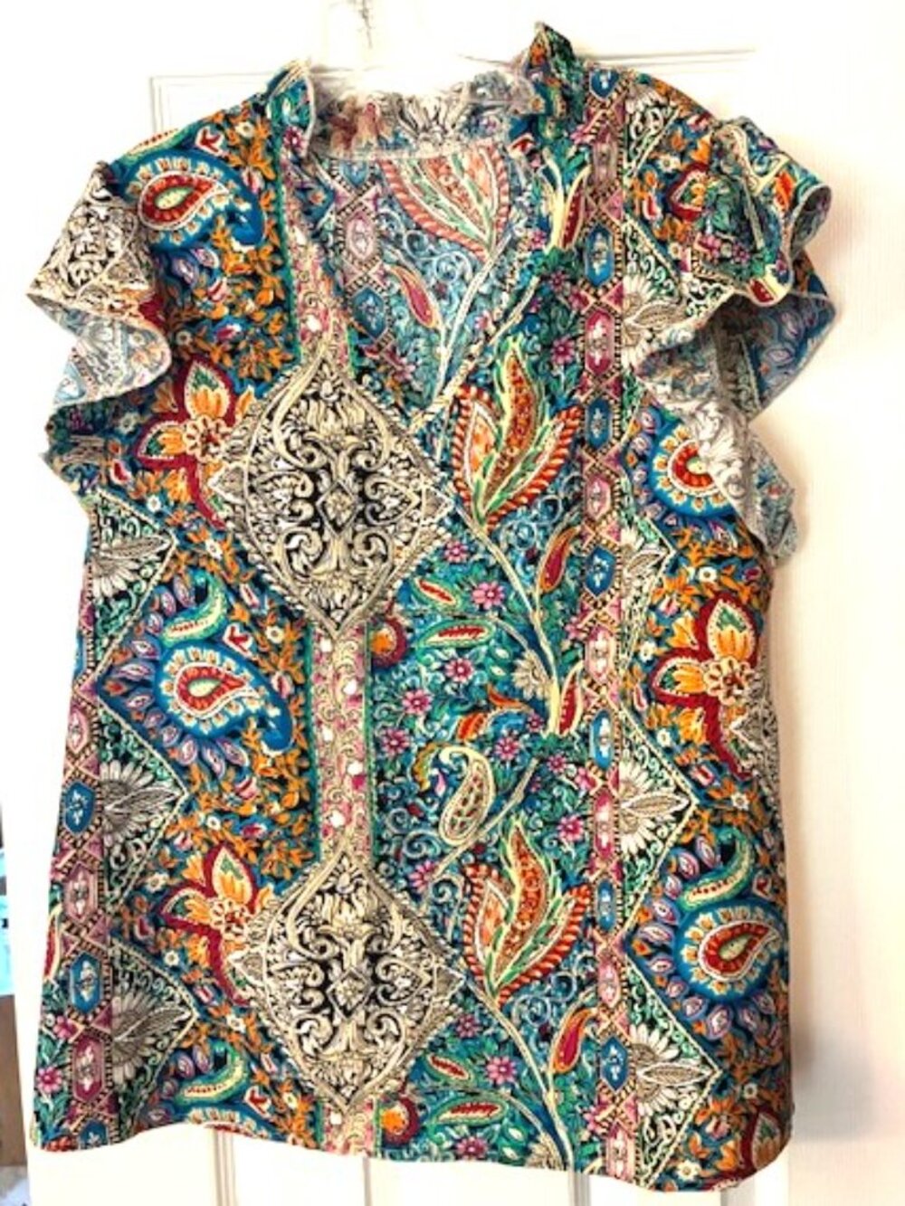 Women's Colorful Boho Retro Flutter Short Sleeve Ruffle Top Blouse Size L